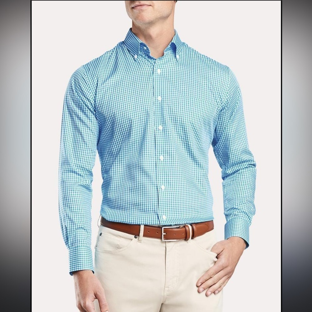 Peter Millar Summer Comfort Aqua Blue Gingham Button-Down Shirt – XXL Like New